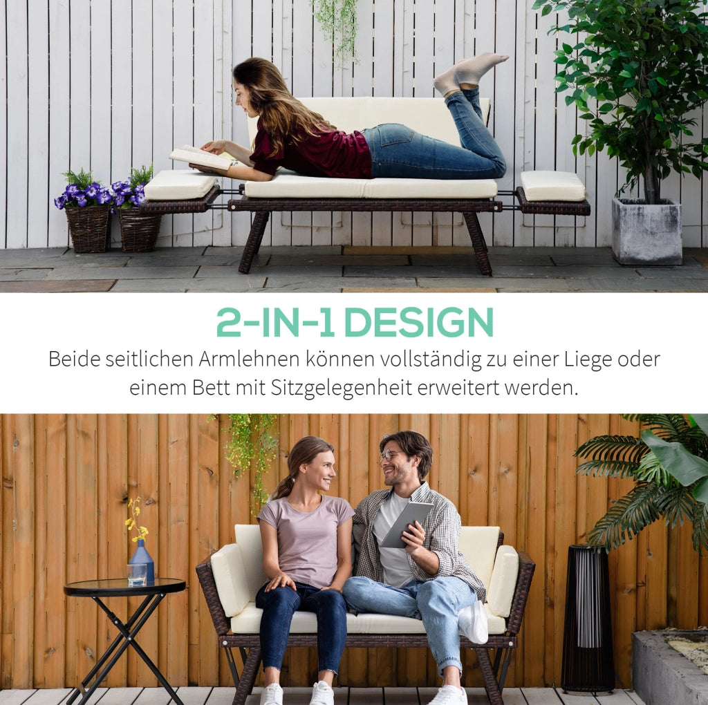 Divano da giardino in rattan con braccioli reclinabili marrone