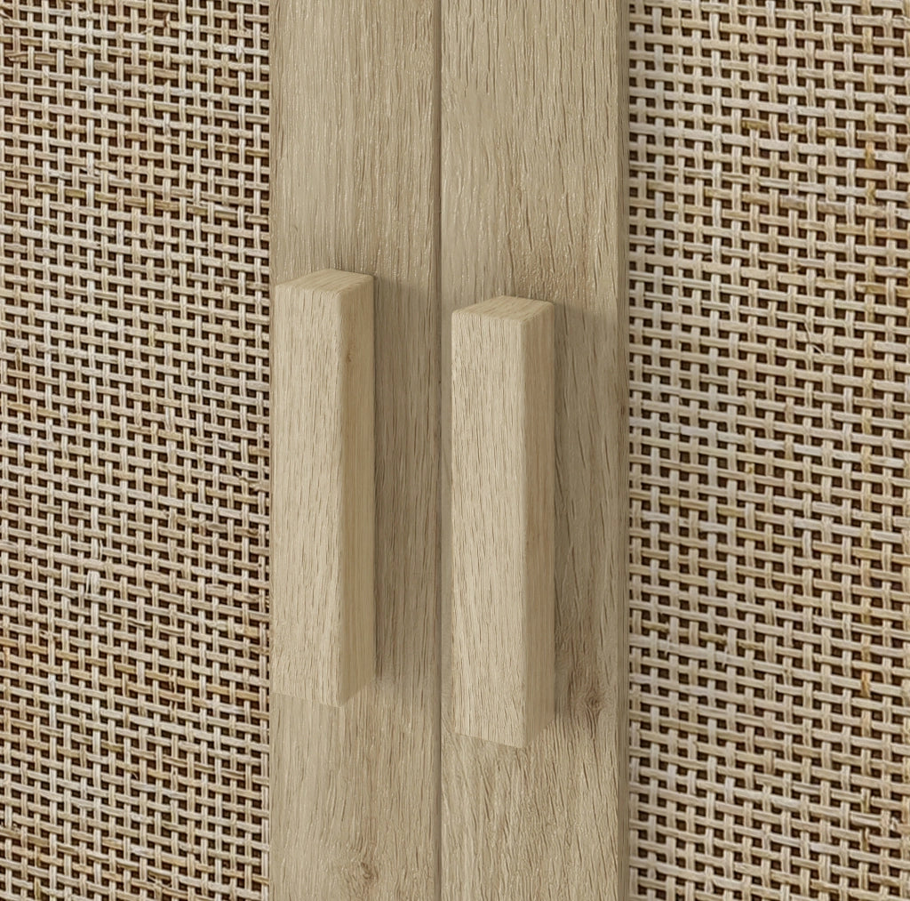 Armadio contenitore a due ante in rattan con maniglie in legno massiccio