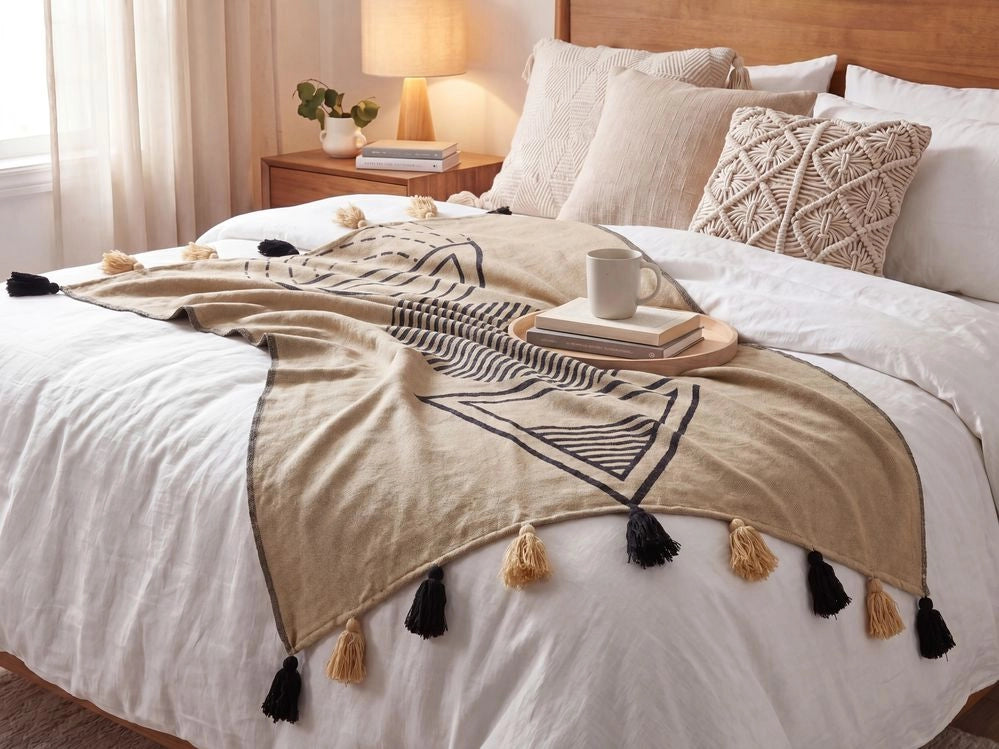 Coperta in acrilico beige nero 130 x 170 cm copriletto in poliestere motivo astratto con frange soggiorno camera da letto