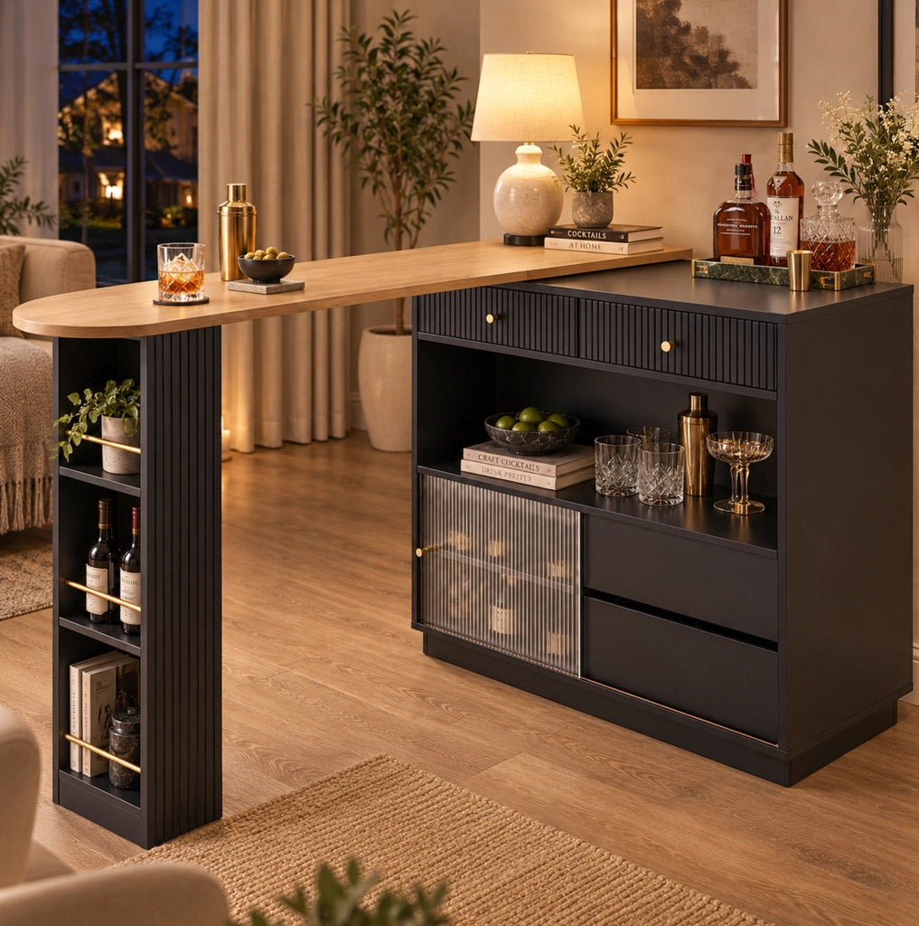 Isola cucina con bancone girevole 360°; LED RGB e vano contenitore; nera