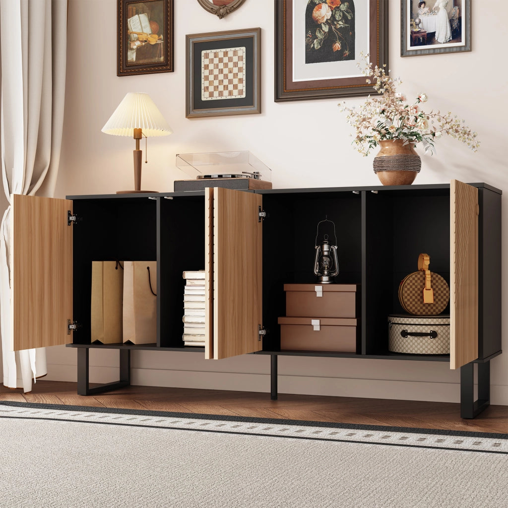 Mobile TV con 4 Ante e Vani Aperti; Frontali 3D a Righe; Stile Moderno; in MDF; 160??38??75 cm; Nero Naturale