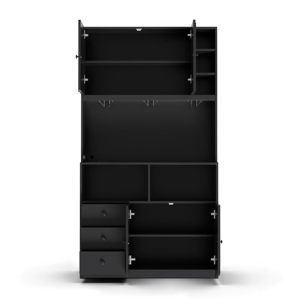 Credenza 100x40x180 cm con LED RGB; prese e portabicchieri in MDF nero