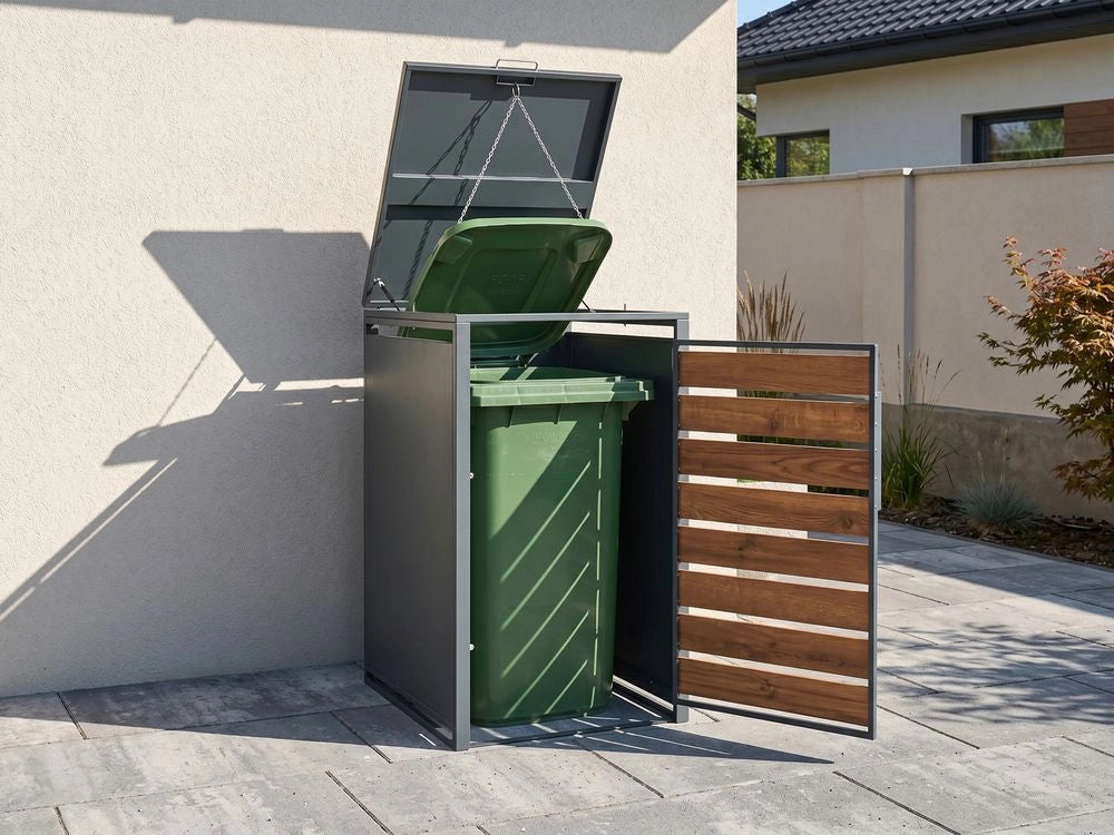 Copertura per bidone della spazzatura in acciaio zincato grigio scuro da 240 L con sportello magnetico a trasferimento termico e finitura effetto legno, apertura dall'alto, per esterni e giardino