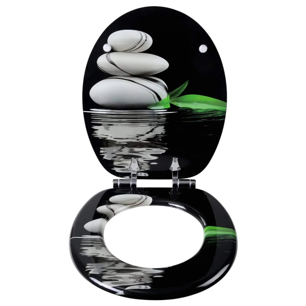 Sedile WC in MDF con meccanismo di chiusura ammortizzata effetto ciottolo grigio e nero 19_0000745
