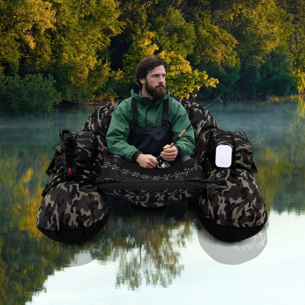 Belly boat da fiume con portacanna regolabile supporto per ami, Ciambella gonfiabile da pesca pagaia in alluminio Mimetico-Sport acquatici