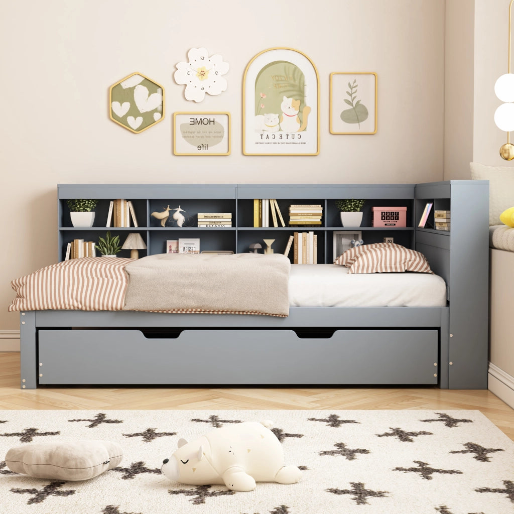 OKWISH Letto a Divanetto 90×200 cm, Letto Singolo con Letto Estraibile 90×190 cm, USB, Vani Contenitore e Mensole, senza Materasso, Grigio