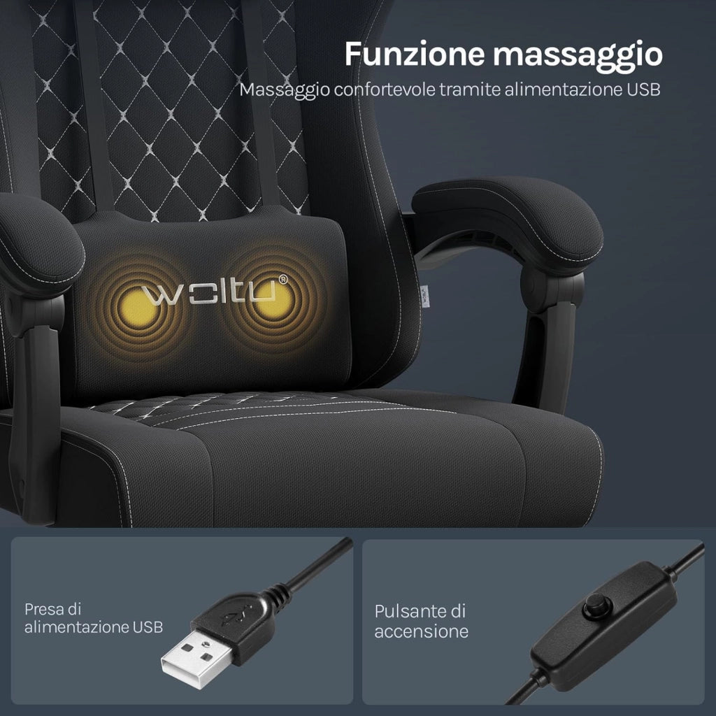 Sedia Gaming con Massaggio, Sedia da Ufficio Ergonomica Girevole Ampia Imbottita per Computer con Cuscino Lombare Massaggiante, Carico 150 Kg, Tessuto a rete, Nero+Bianco