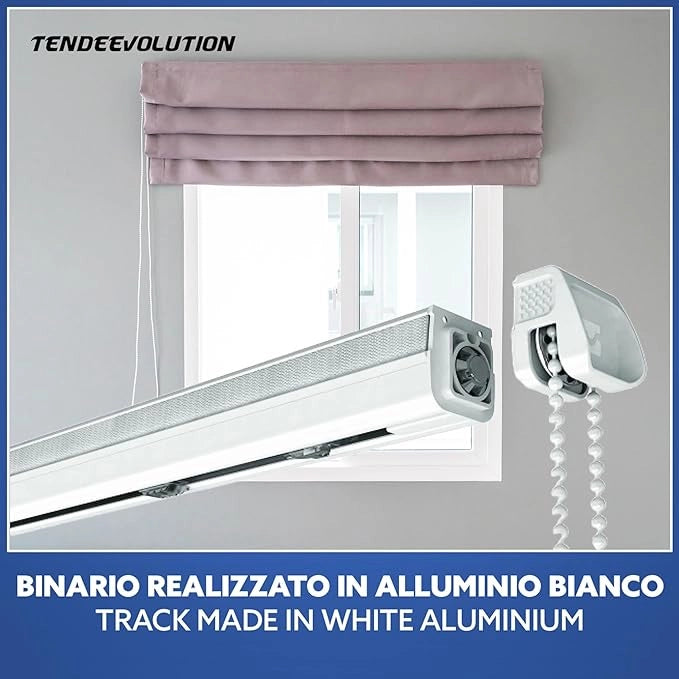 Binario Tenda a Pacchetto 4 Calate con cassone, Bastone Attacco Parete/Soffitto, Binario in Alluminio Bianco Lunghezza 140 CM Comando a destra