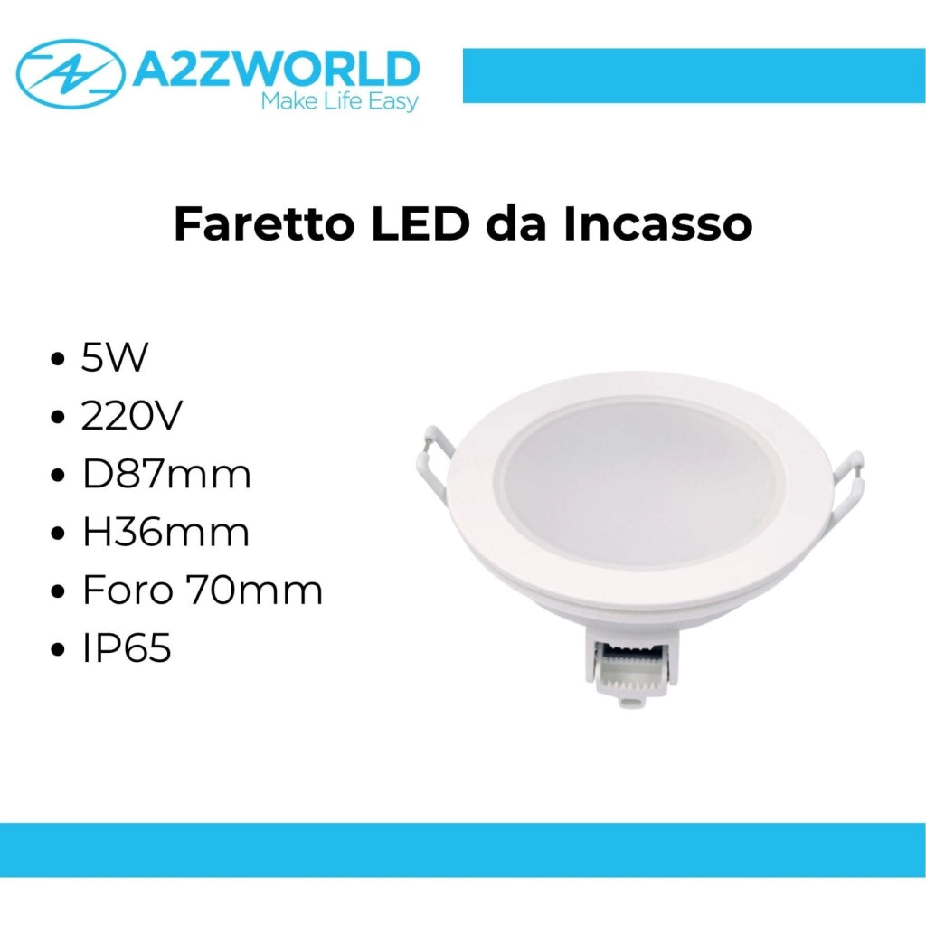 3 Faretti LED da Incasso Dimmerabili 5W 550LM 220V Rotondi Bianco D87mm H36mm Foro 70mm IP65 (Bianco Freddo 6000K)