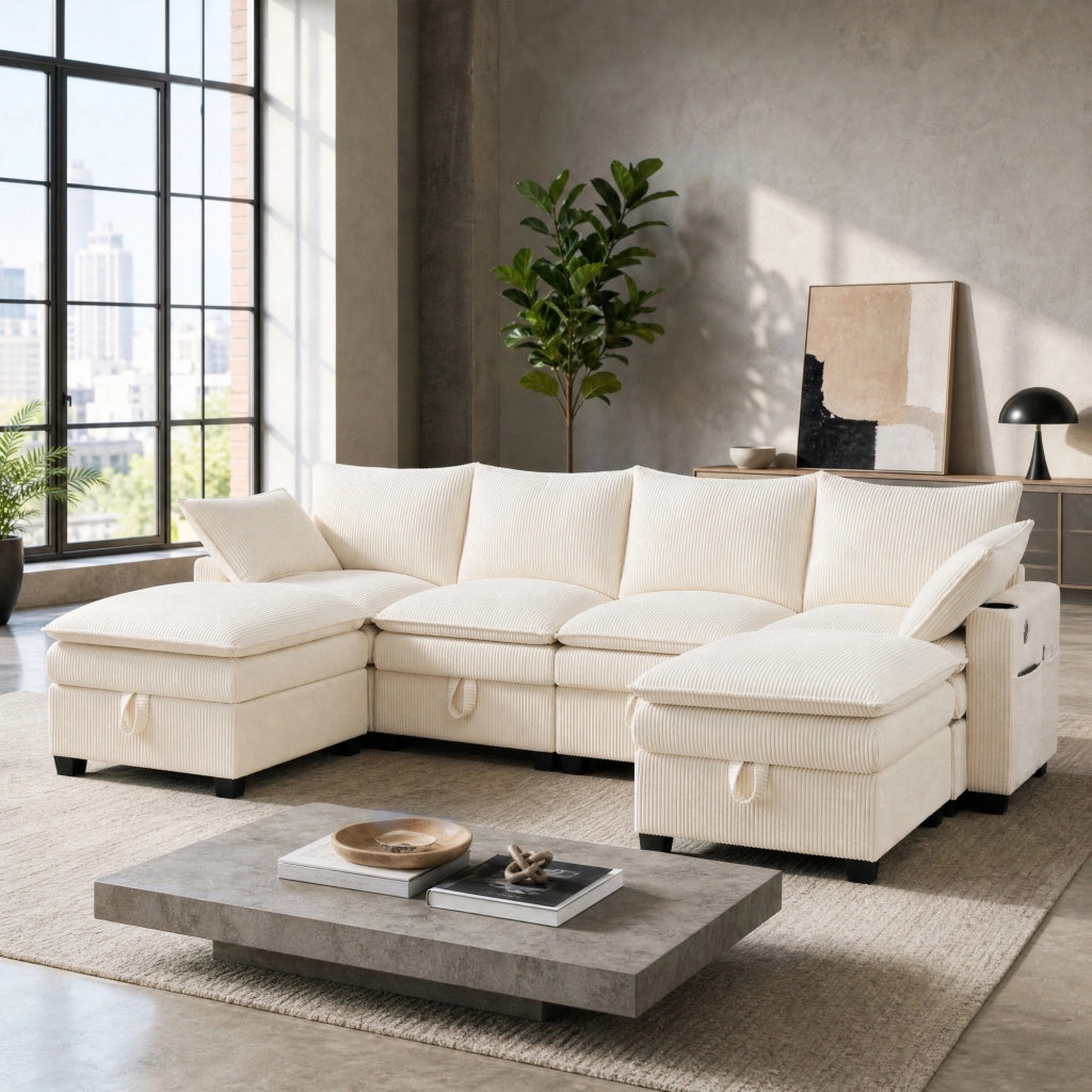 Divano modulare componibile L/U con USB; contenitore e portabicchieri; corduroy beige 280x151x82 cm