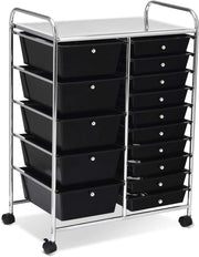 Carrello con 15 Cassetti Impilabili, Carrello di Stoccaggio con Ruote, Carello Portaoggetti per Casa e Ufficio, 62,5 x 37 x 87 cm (Nero)
