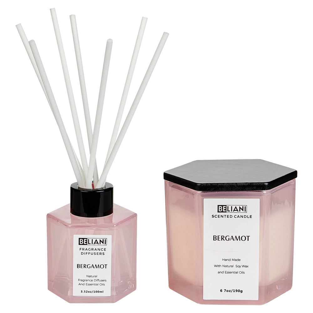Set candela profumata in cera di soia 100% e diffusore con bastoncini, stoppino di cotone, vetro profumo fresco bergamotto