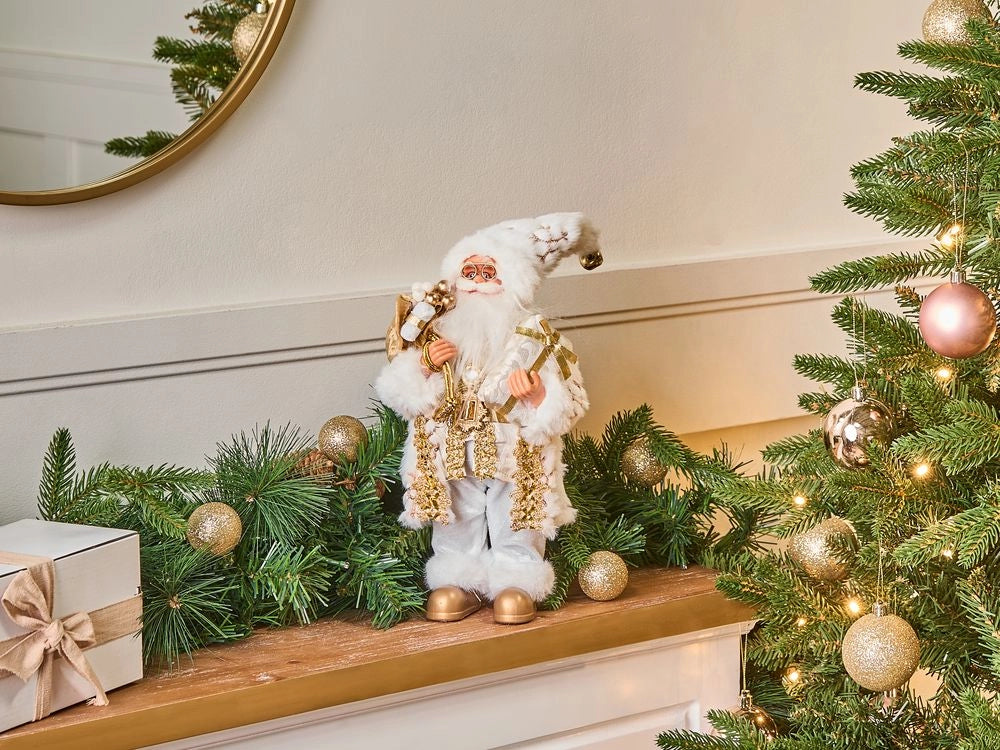 Figurina decorativa in tessuto e materiale sintetico bianco e oro Babbo Natale Figura di Natale Ornamento natalizio