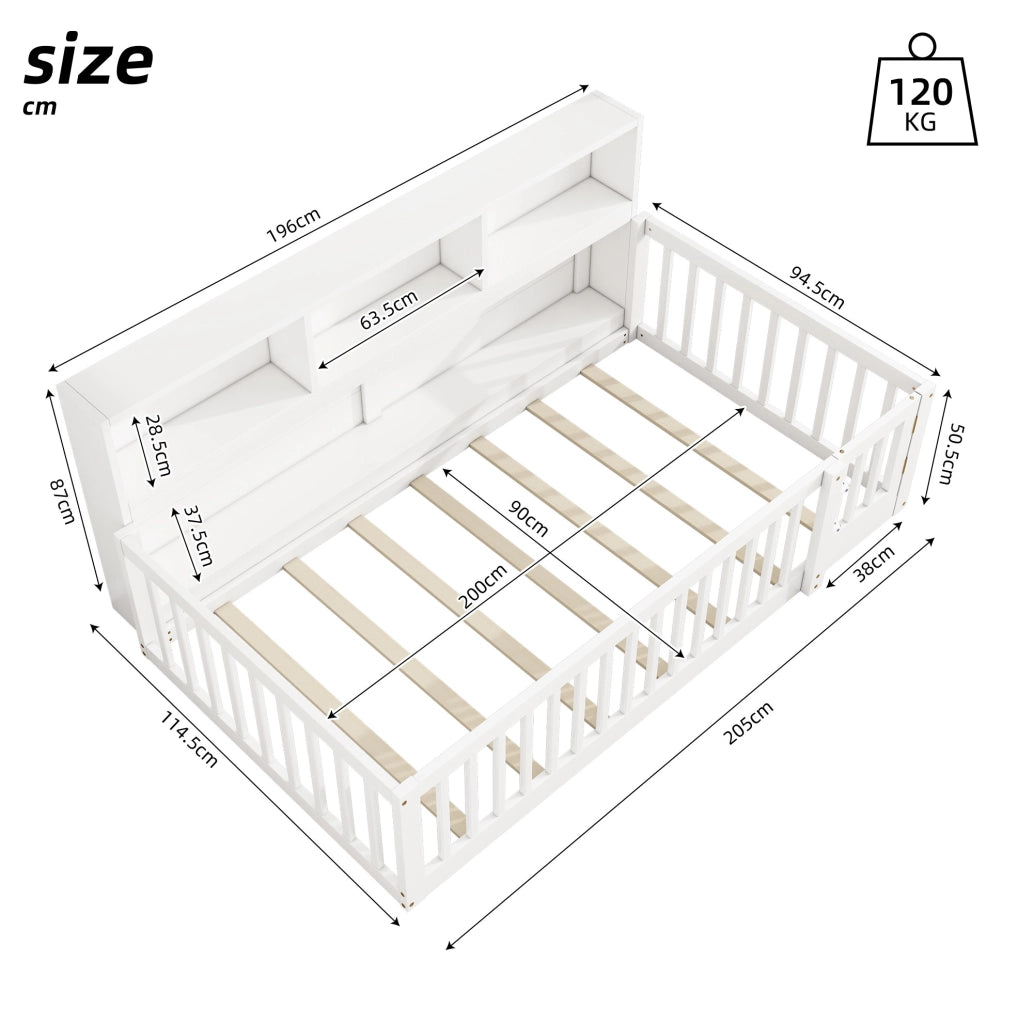 Letto daybed 90x200 cm con vani laterali e sponde di sicurezza in pino e MDF bianco