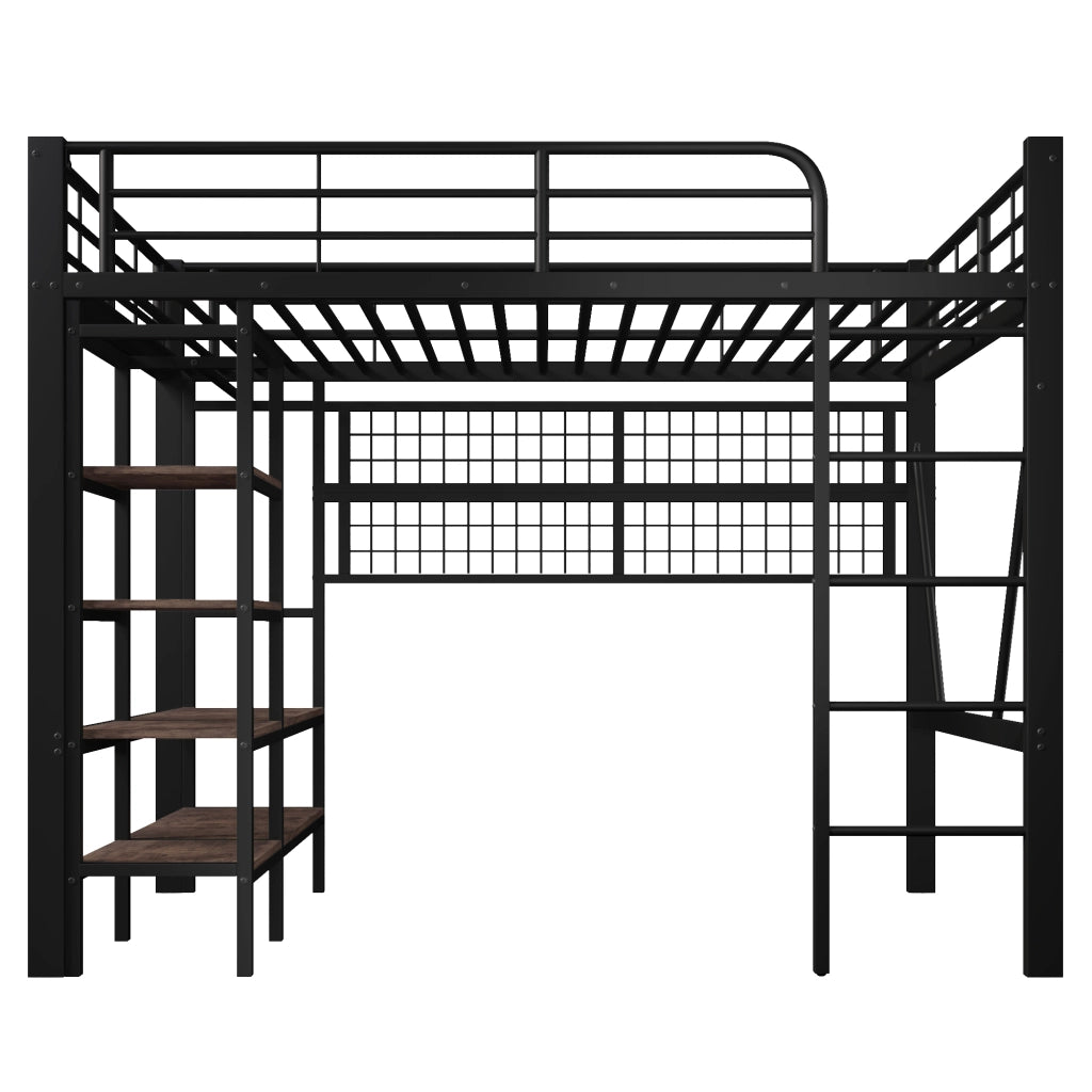 Letto a Soppalco con LED ¨C MINIMAL ¨C Ferro Nero 140x200, Barra Appendiabiti, Senza Materasso