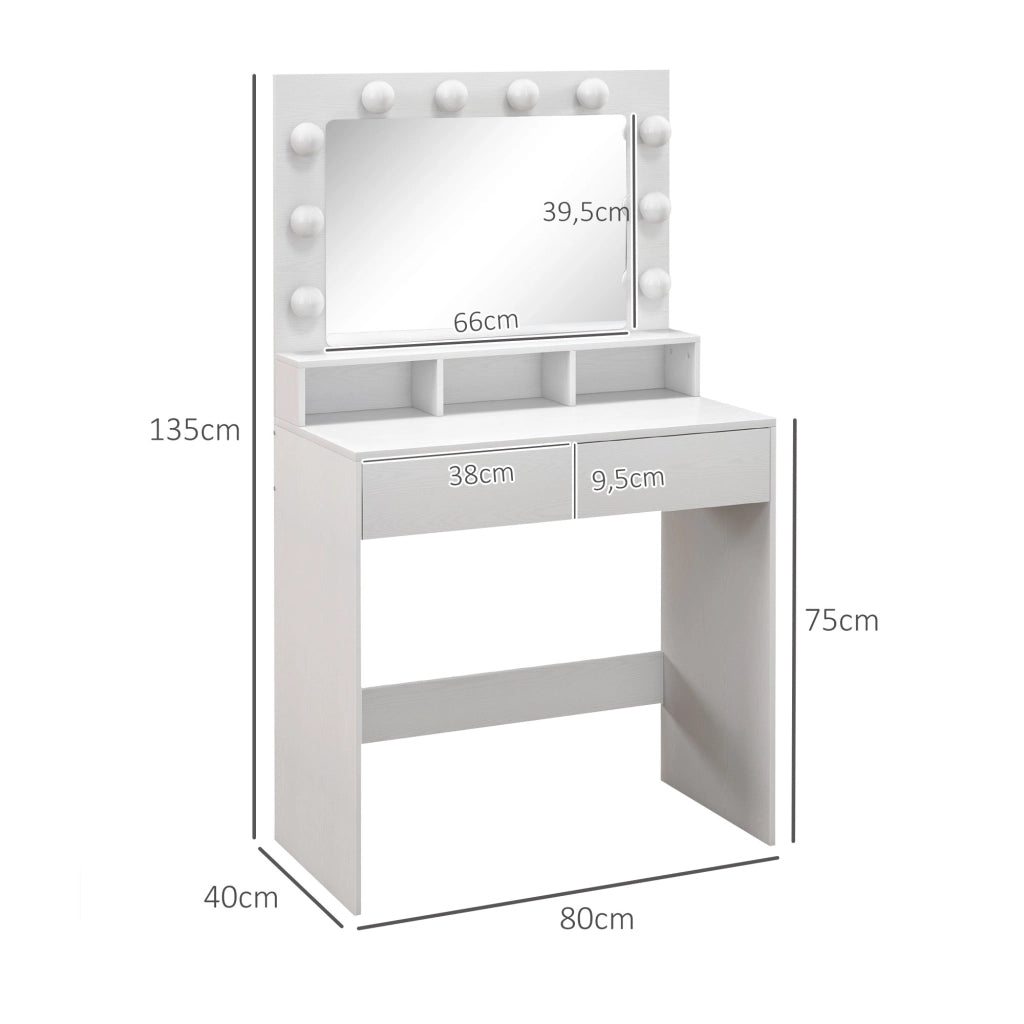Scrivania da toeletta con specchio, cassetti, illuminazione LED ¨C zephmum ¨C bianco, 80x40x135 cm