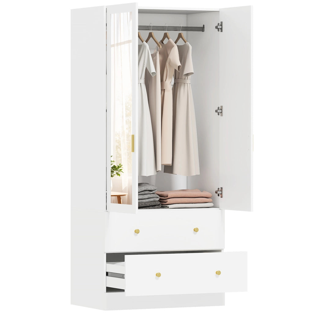Armadio 2 Ante Scorrevoli con Specchio ¨C Xylo ¨C Bianco 80x50x180cm con 2 Cassetti e Appendiabiti