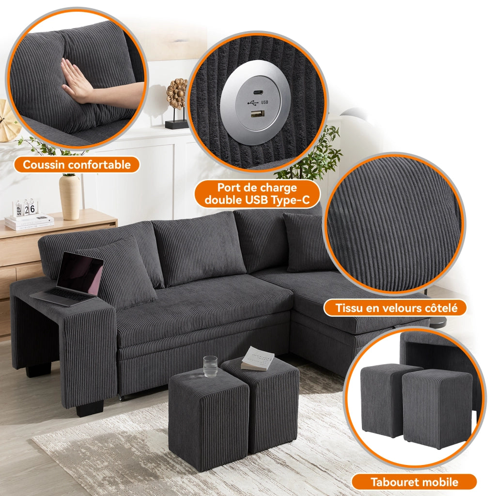 Divano Angolare Convertibile 3-4 Posti con Letto, USB e USB-C, Contenitore, Scaffale, Velluto a Coste Grigio