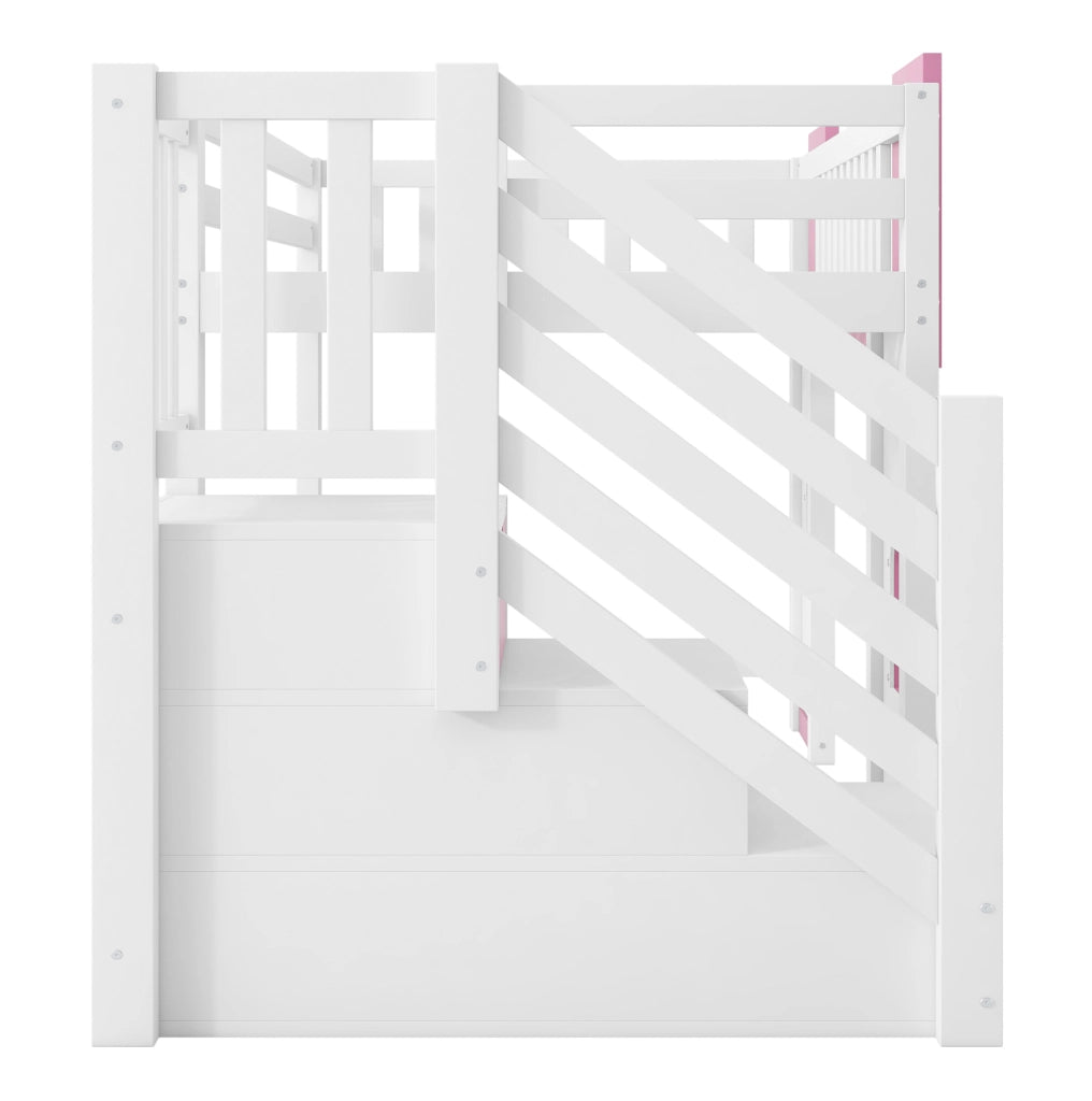 Letto a soppalco 90x200 cm con scala contenitore e finestre in MDF; pino e compensato bianco e rosa