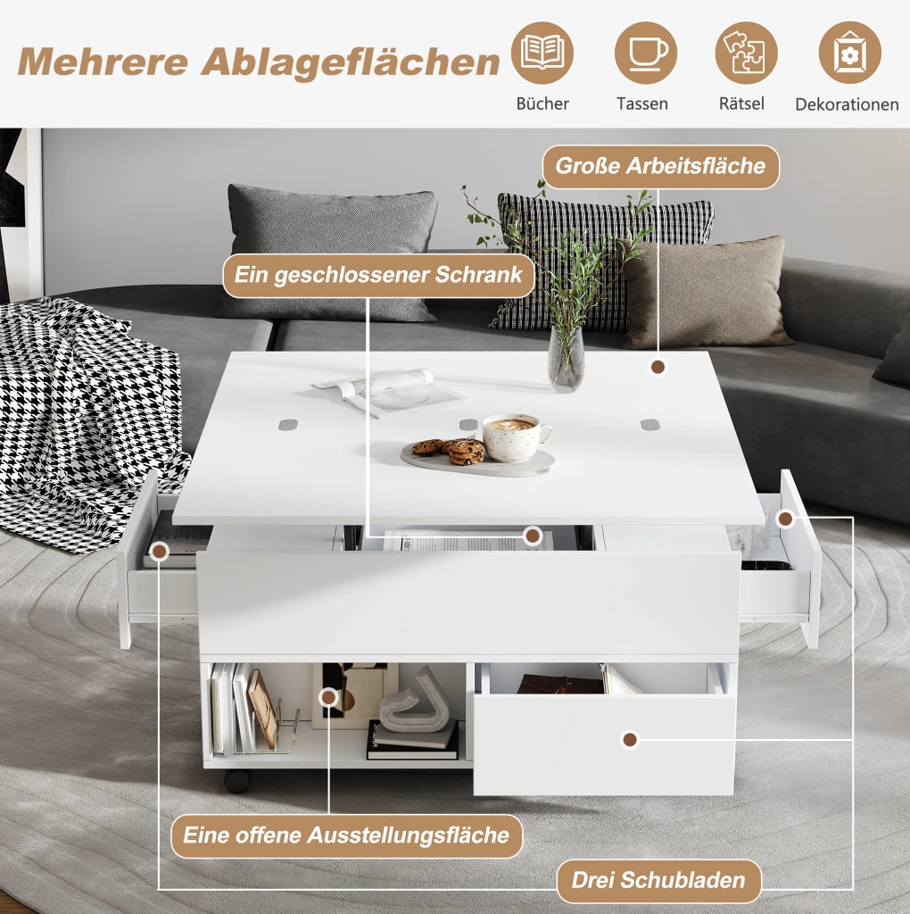Tavolino elevabile bianco 100x50x52 cm con 4 cassetti e ruote