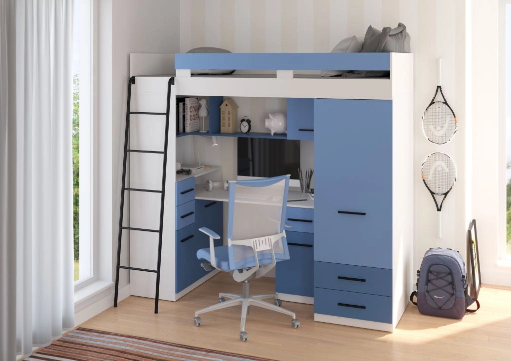 BIM Furniture letto soppalco con scrivania SMYK L cm110x204x188h Bianco Blu