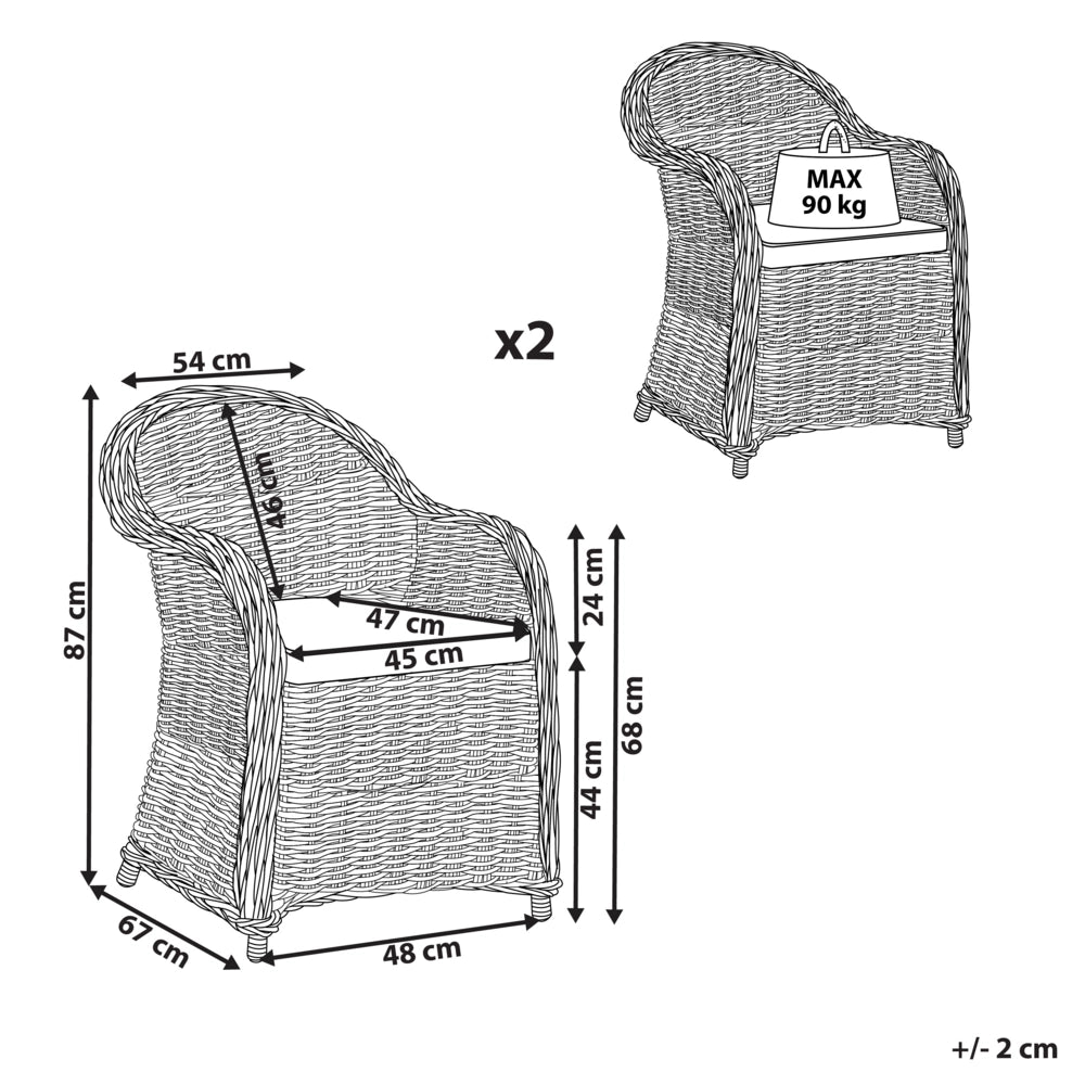 Set di 2 poltrone da giardino in rattan naturale con cuscino di seduta in cotone bianco sporco per interni ed esterni