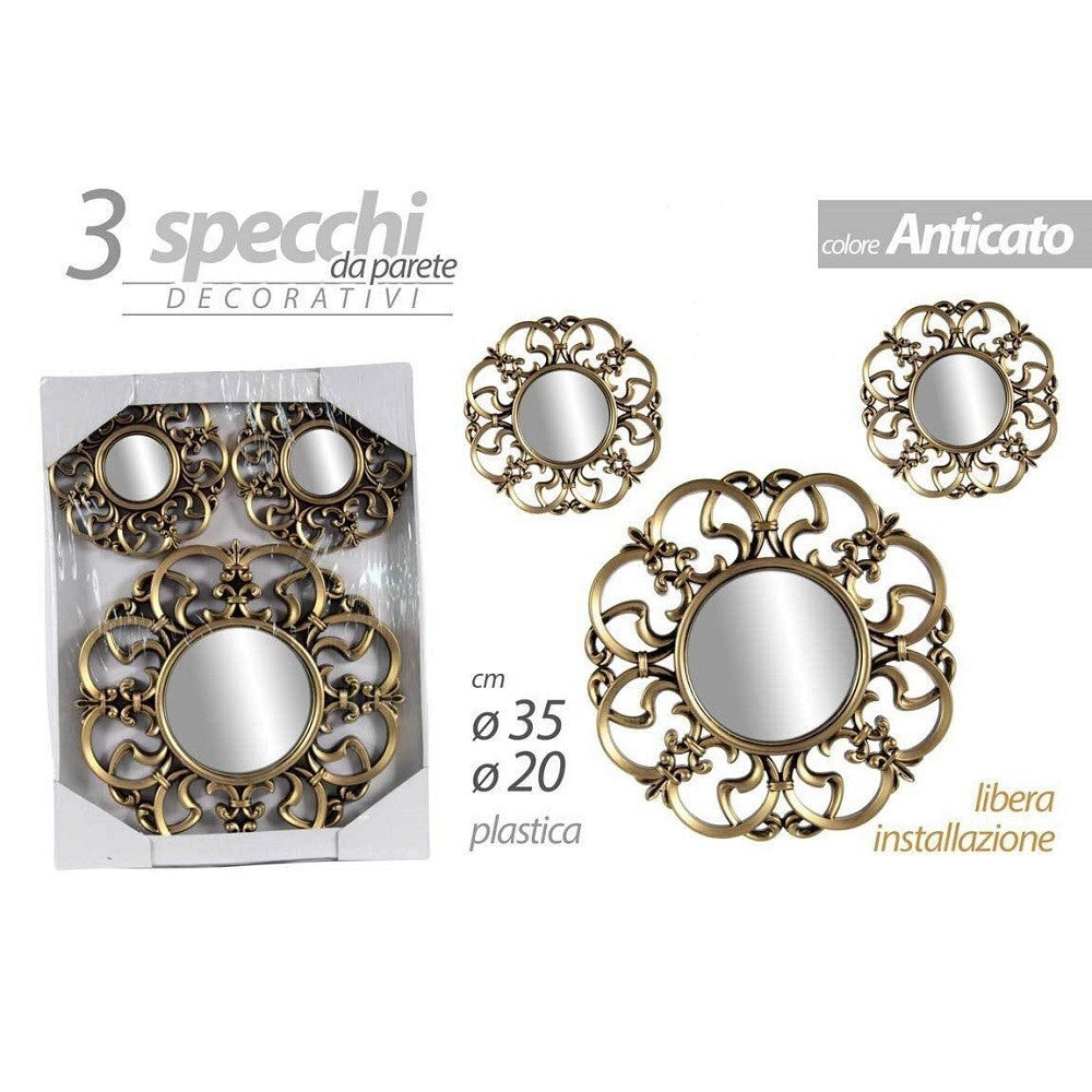 Trade Shop - Set 3pz Specchi Parete Decorativi Oro Bronzo Libera Installazione 20-35cm 836893 -