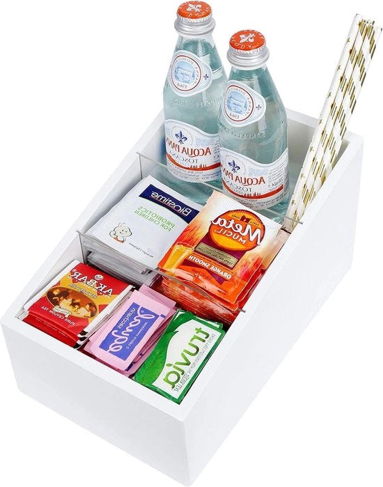 Organizzatore per la preparazione del caffè e del tè - 3 cesti - Superficie in legno - Contenitori per bevande - Pacchi di spezie - Pannelli di spezie - Coppe - Accessori per spezie - Supporto - Caffè bar - Bianco