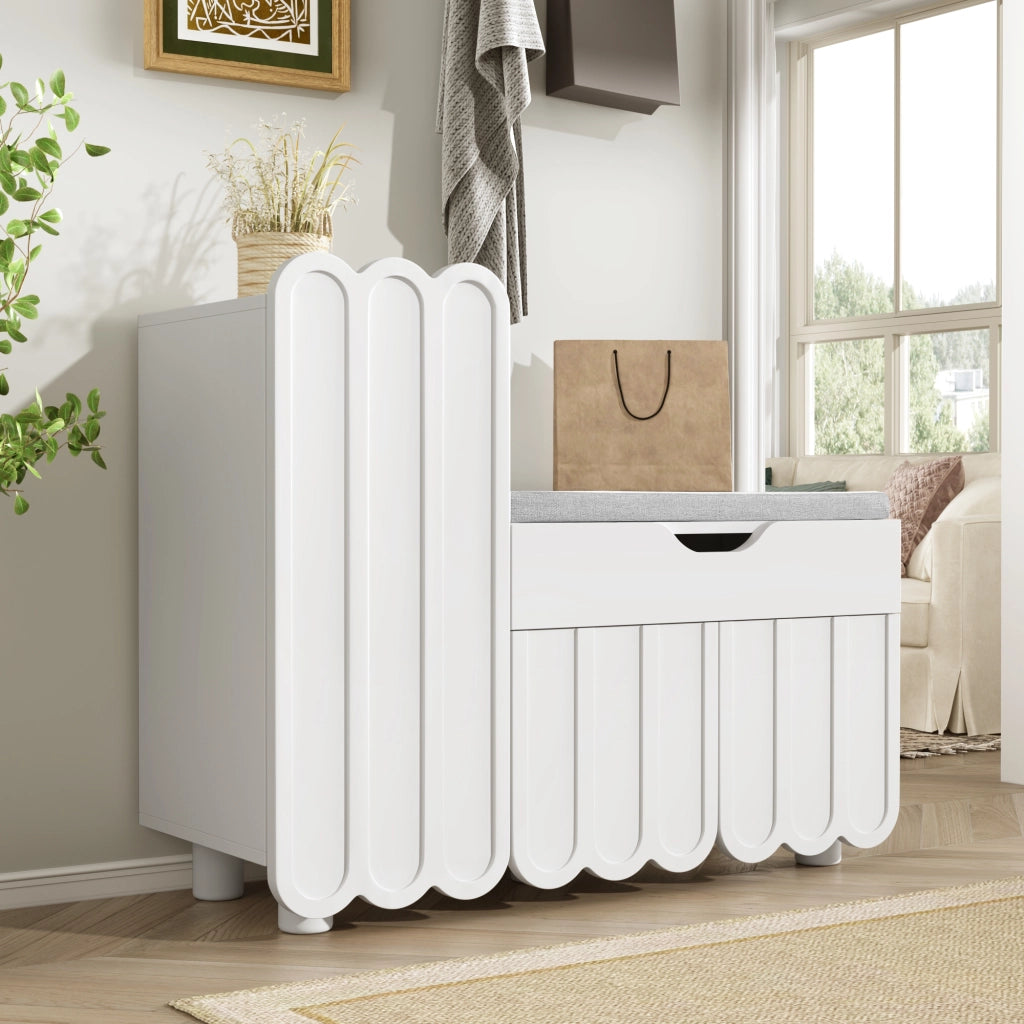 Scarpiera con 3 Ante; 1 Cassetto e Seduta Imbottita; Stile Moderno; in MDF; 90×35×74;5 cm; Bianco