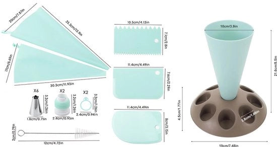 Supporto per sacchetti di verniciatura con 8 contenitori - Sacchetti di verniciatura - Bocchette di verniciatura - Anello in silicone - Resistentente all'acqua del lavello - Polipropilene 19 x 21,6 cm - Decorazione per torte