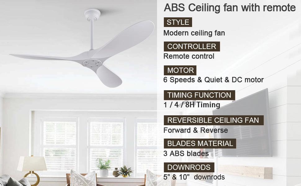 Ventilatore da soffitto bianco 60 pollici senza luce con telecomando, pale ABS, motore DC reversibile, timer, moderno per camere e terrazze