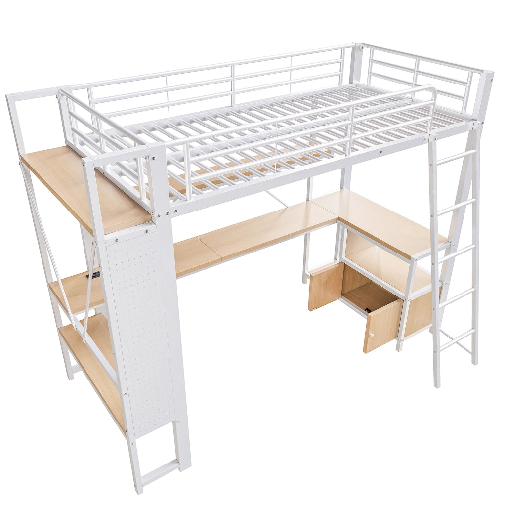 Letto a soppalco singolo 90×200 cm con scrivania; LED; ripiani; USB e vano portaoggetti; senza materasso; bianco