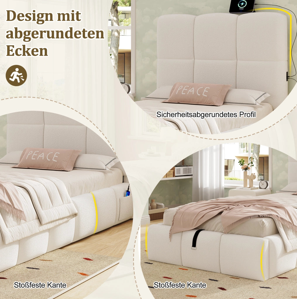 Letto singolo imbottito 90x200 cm con contenitore; rete inclusa; bouclé beige