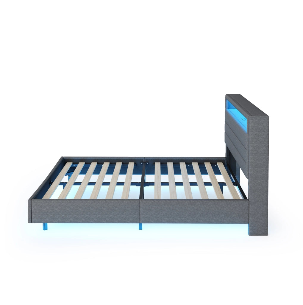 Letto matrimoniale imbottito 140x200 cm; USB e LED; testiera reversibile; tessuto grigio (Senza materasso)