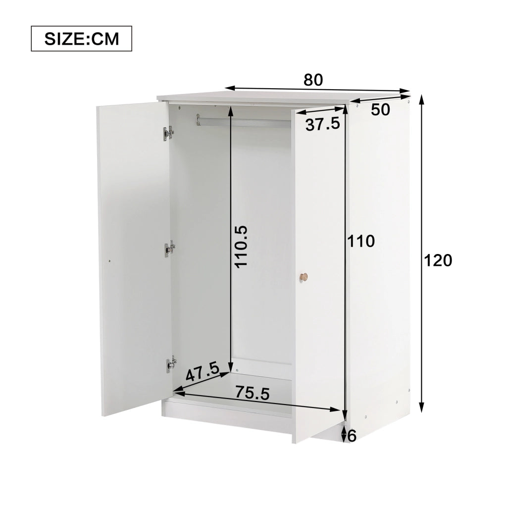 Armadio compatto a 2 ante con barra appendiabiti, per camera da letto, soggiorno e cameretta, in MDF bianco, 80 × 50 × 120 cm