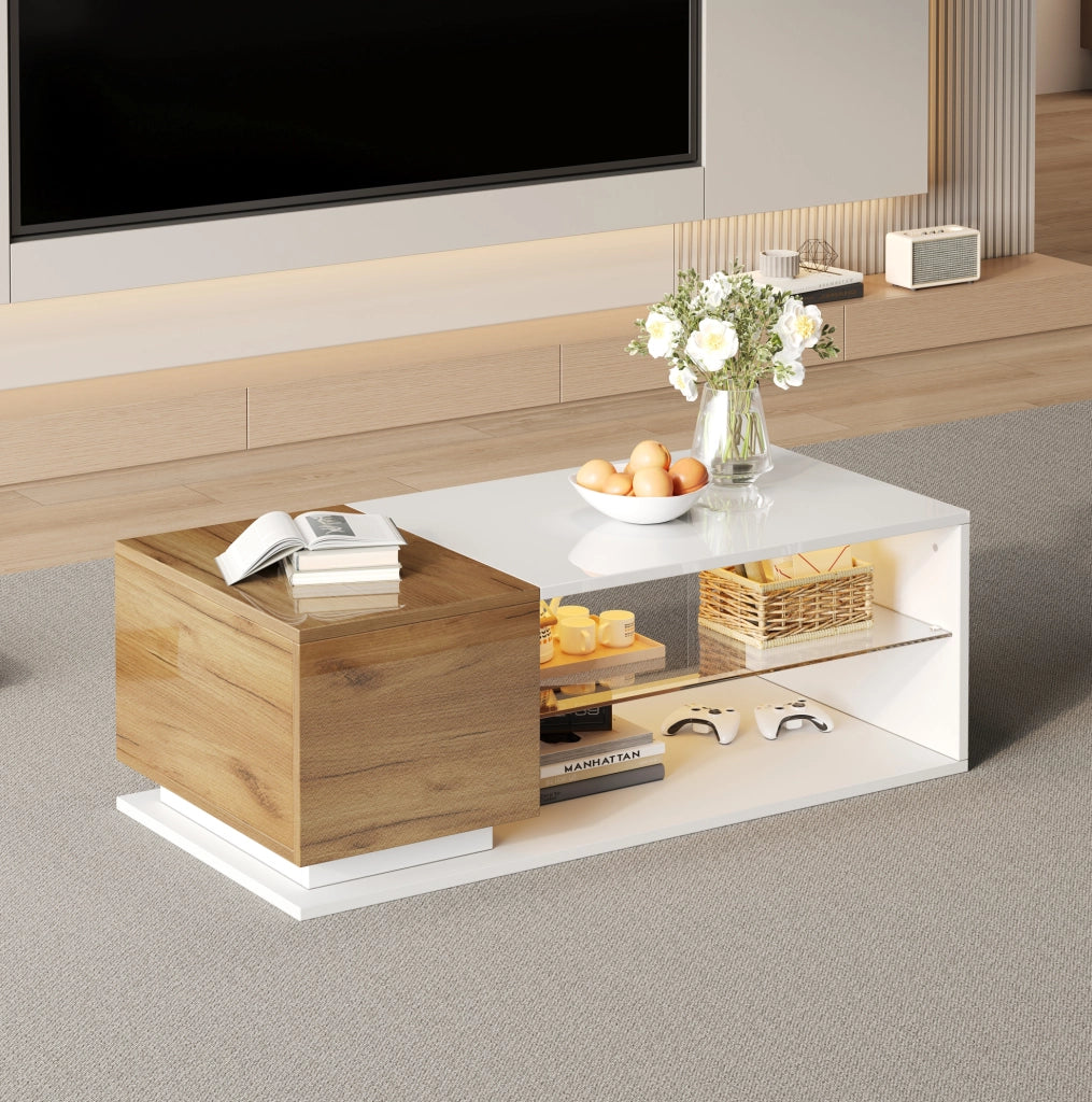 Tavolino da salotto LED con vano contenitore 105x50x36 cm in truciolare e vetro temperato; bianco e rovere