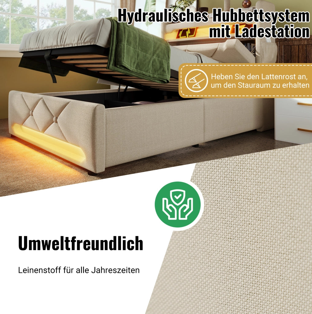 Letto singolo 90x200 beige con LED, USB-C e materasso