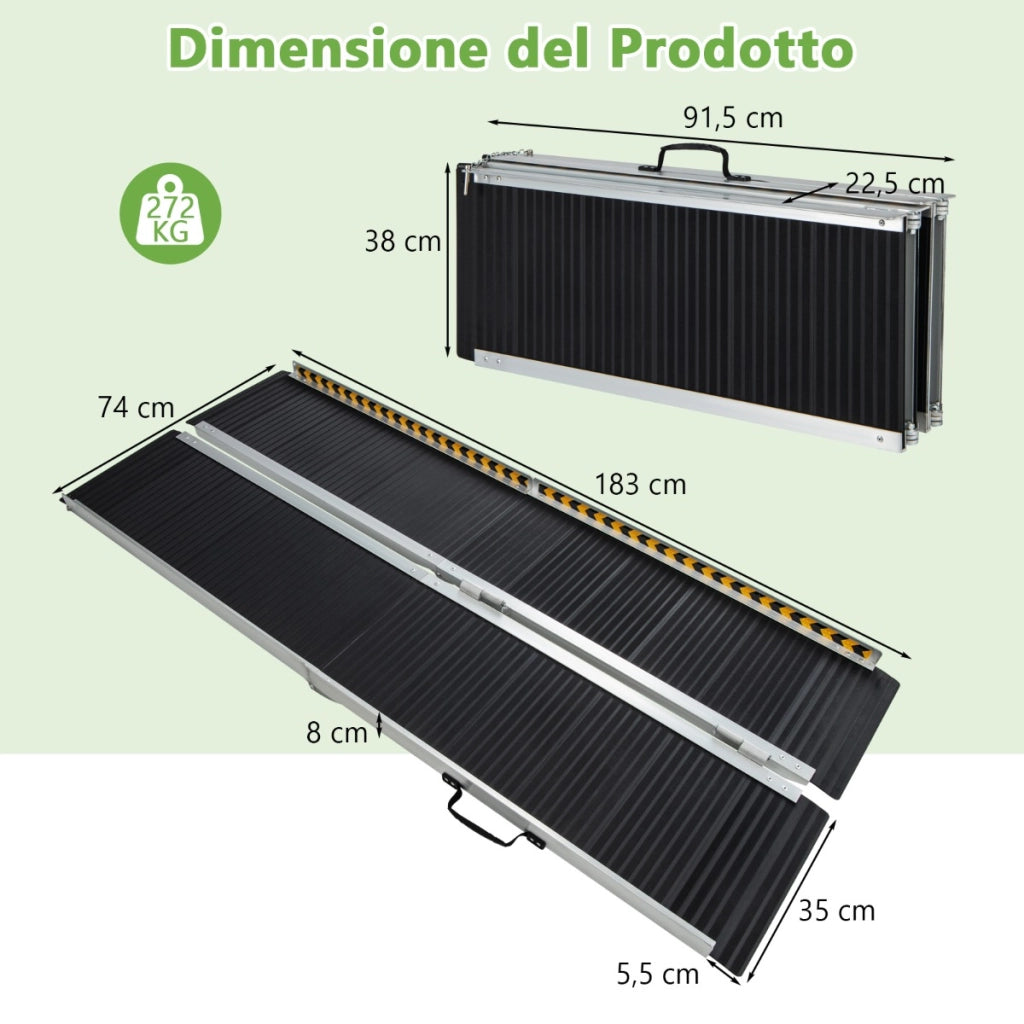 Rampa per carrozzina con piastra di transizione e superficie antiscivolo, Rampa per soglie per gradini 183x74x8cm-Salute e bellezza
