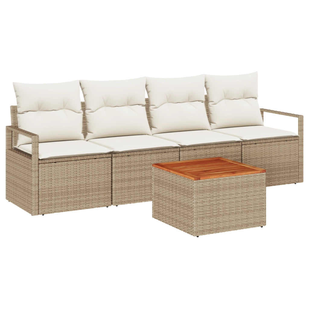 Set di divani da giardino composto da 5 pezzi con cuscini beige in polyrattan acacia