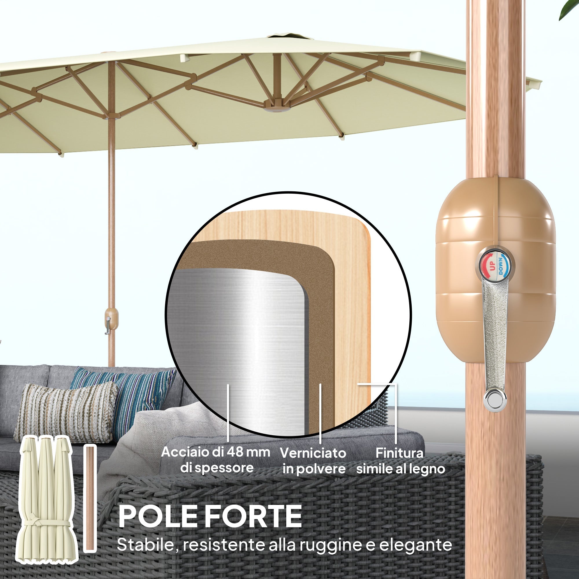 Ombrellone Doppio 455x265x238 cm in Acciaio Inox e Poliestere Beige