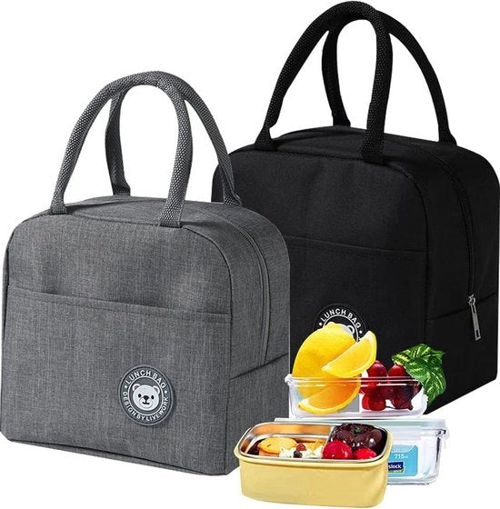 Due mini-borse per picnic, impermeabili, per lavoro, scuola e in viaggio, grigio, nero