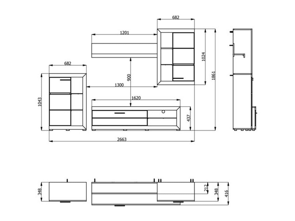 Mobile Soggiorno Dongo, Parete Attrezzata 10 Ripiani, 266.5x41.5x186h cm Bianco