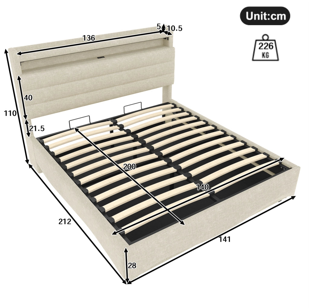Letto imbottito 140x200 cm con contenitore idraulico; LED; USB e Type-C; in lino beige