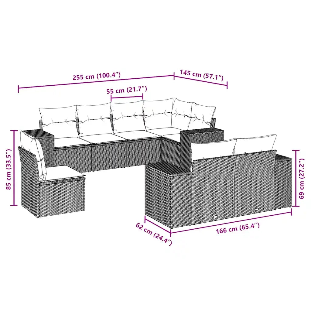 Set Divani da Giardino con Cuscini 8 pz Nero in Polyrattan 3255173