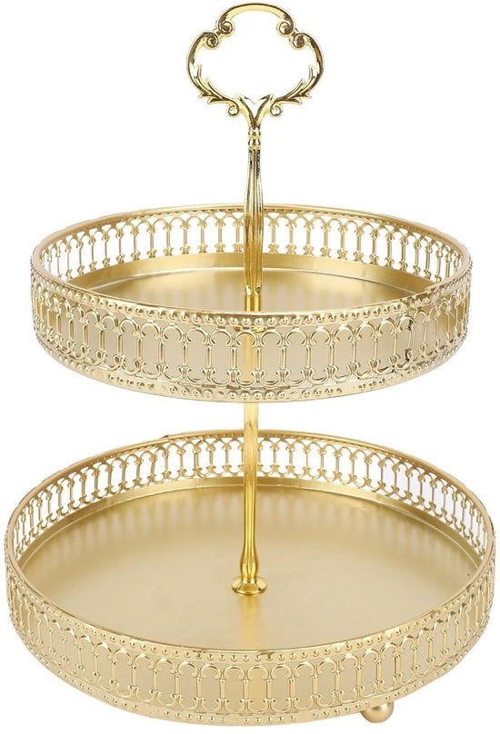 Etagère 2 livelli grande capacità - Etagère con standard metallico - Etagère per frutta/dolci/snacks - Acciaio inossidabile con finitura dorata - Costruzione stabile e duratura - Standard di servizio