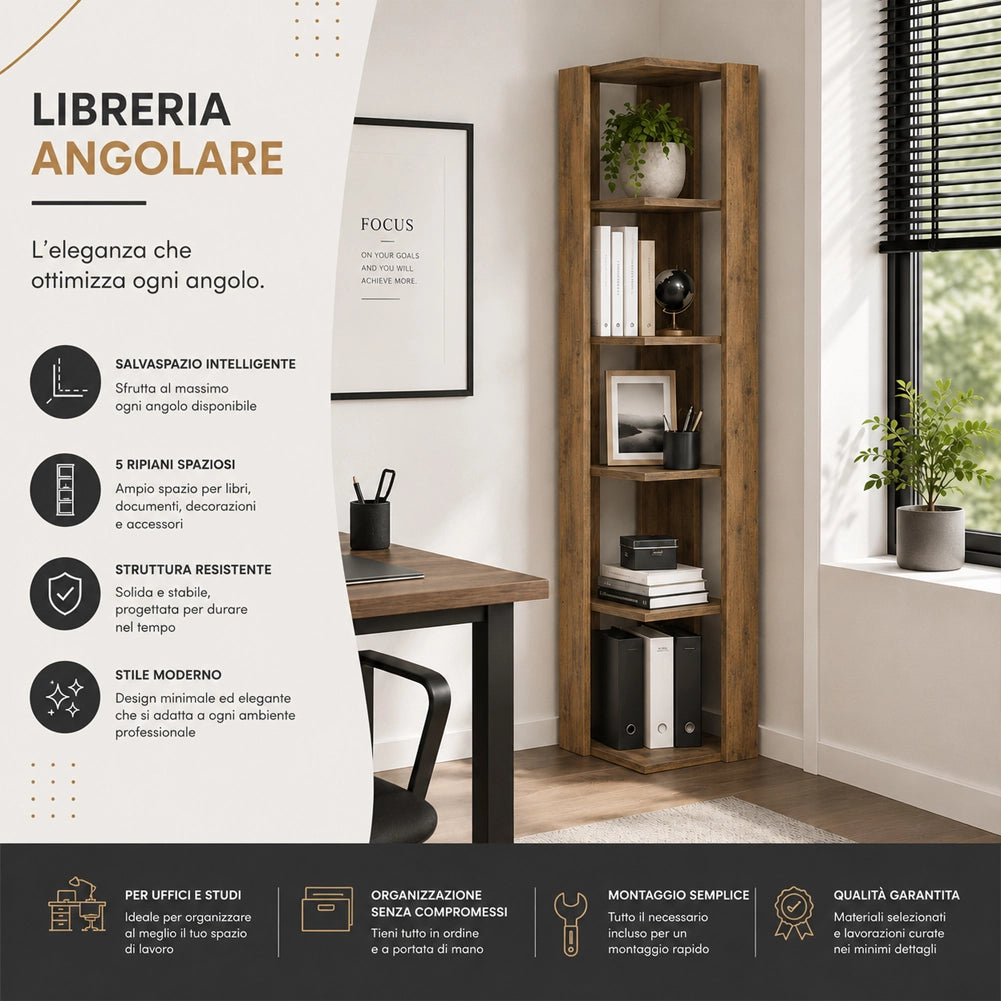 Libreria Angolare 5 Ripiani in Legno Rovere Scaffale Salvaspazio 34x34x161cm
