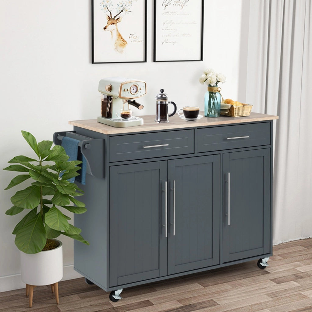 Carrello da cucina in legno con 2 cassetti e maniglia, Armadietto da cucina con ruote 122x45,5x92,5cm Grigio-Carrelli
