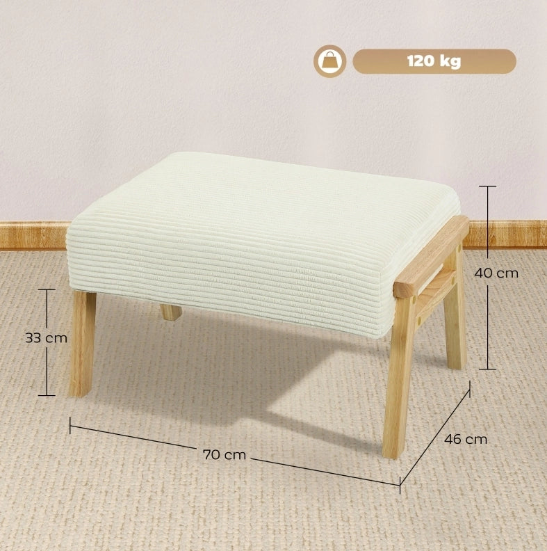 Pouf imbottito crema effetto velluto a coste con gambe in legno