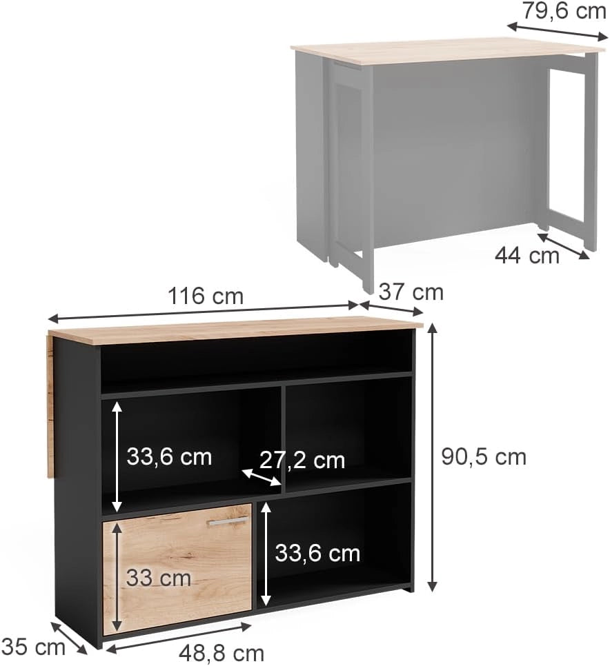 Tavolo bar alto Dominic, Quercia dorata, 116 x 37 cm 4x scomparti aperti e 1x porta, piano del tavolo pieghevole per un utilizzo flessibile in spazi ridotti