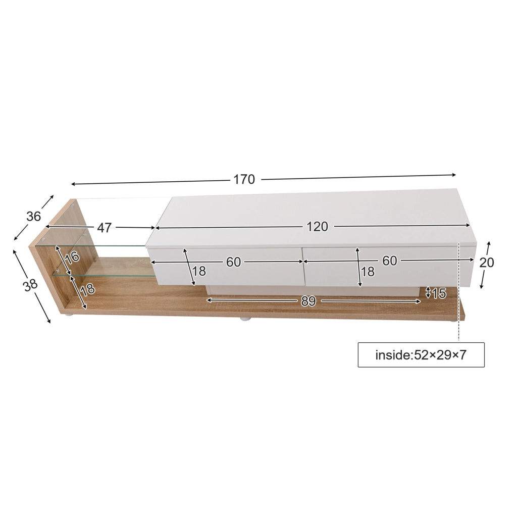 mobile TV basso 170 cm bianco lucido e legno con LED regolabile